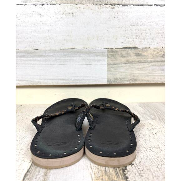 UGG Women’s 7 Black Tan Leather Braided Slip On Flip Flop Sandal Summer Beach - Picture 5 of 7